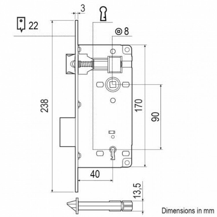 Διαστάσεις για Κλειδαριά μεσόπορτας AGB Patent Grande 160206 40x90mm οβάλ Brass με αντίκρισμα
