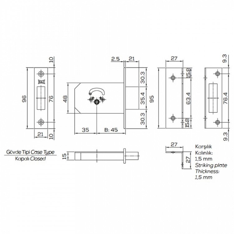 Χωνευτή Κλειδαριά Ασφαλείας Kale 156F με κλειδί τύπου Cross Key, για Μεταλλικές και Ξύλινες πόρτες