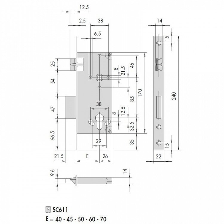 Κλειδαριά Χωνευτή CISA 5C611(L.Line), Για Ξύλινες Πόρτες