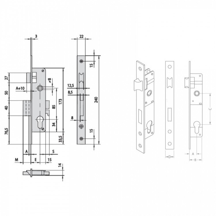 Κλειδαριά Χωνευτή Κυλίνδρου CISA 44820 Σιδερόπορτας - Αλουμινόπορτας