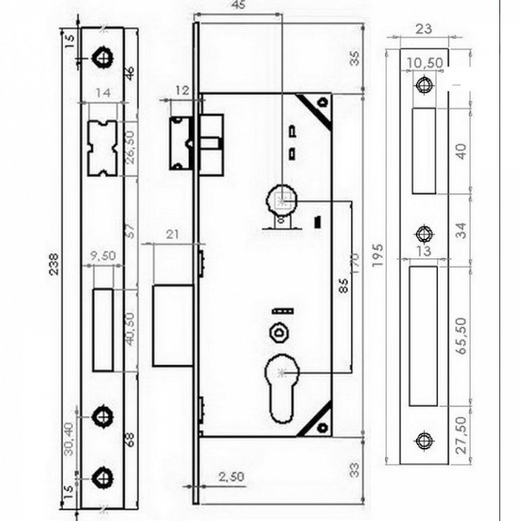 Κλειδαριά Χωνευτή NOVA 45mm Με Κύλινδρο
