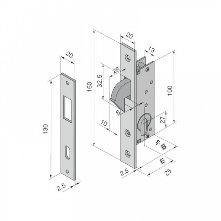 Κλειδαριά γάντζου Welka 106.25.01.0-25mm με οβάλ κύλινδρο για σιδερένια πόρτα
