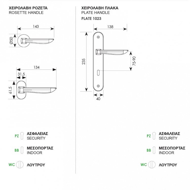 Πόμολο Πόρτας με Ροζέτα 2061 Ζωγομετάλ